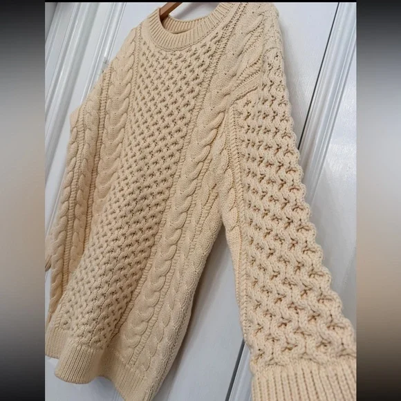 English Factory Cable Knit Legging Sweater Chunky Grandpa Sweater Cream Size-M - Picture 5 of 12